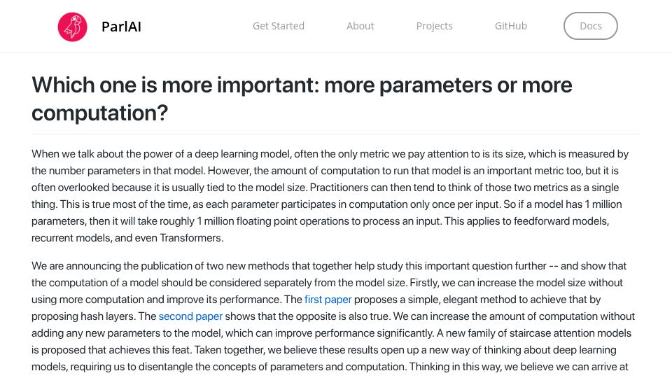 Screenshot of parl.ai: Which one is more important: more parameters or more computation? (2021)