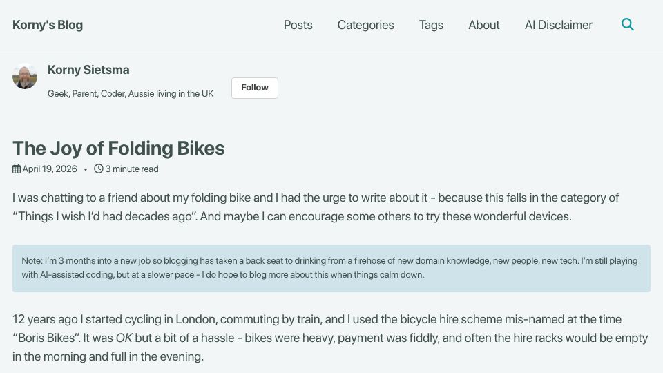 Screenshot of blog.korny.info: The Joy of Folding Bikes