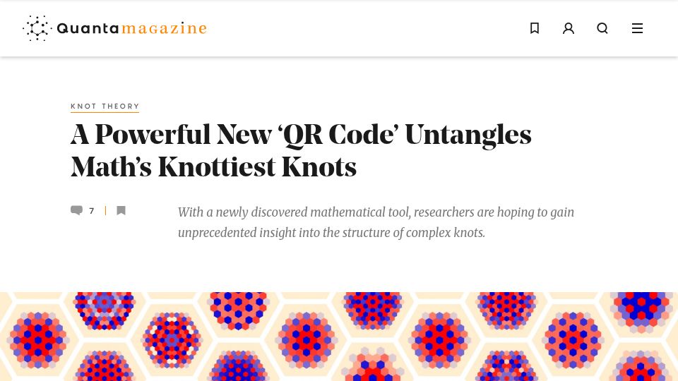 Screenshot of quantamagazine.org: A Powerful New 'QR Code' Untangles Math's Knottiest Knots