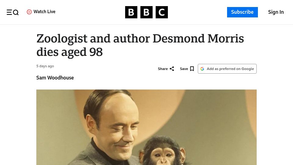 Screenshot of bbc.com: Desmond Morris has died