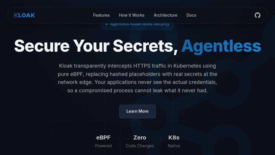 Screenshot of getkloak.io: Show HN: Kloak, A secret manager that keeps K8s workload away from secrets