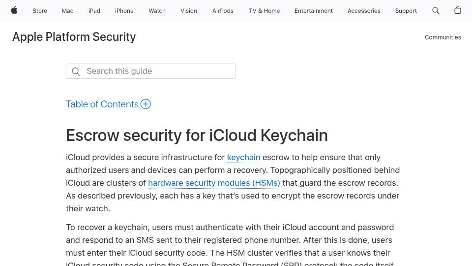 Screenshot of support.apple.com: Escrow Security for iCloud Keychain