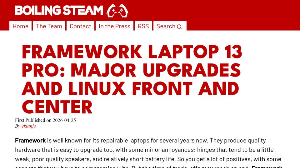 Screenshot of boilingsteam.com: Framework Laptop 13 Pro: Major Upgrades and Linux Front and Center