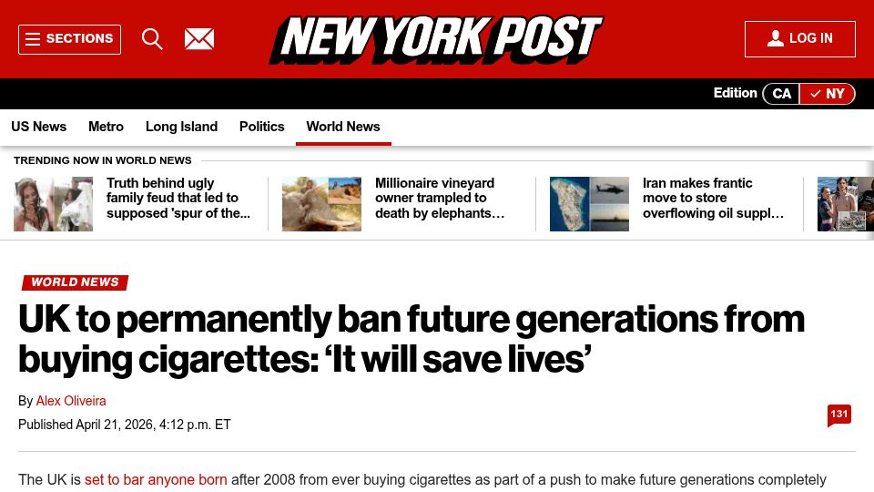 Screenshot of nypost.com: UK to permanently ban future generations from buying cigarettes