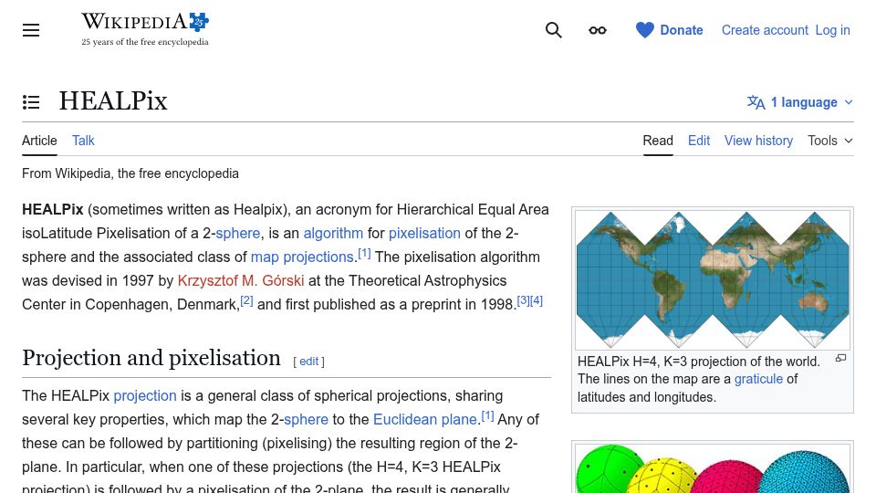 Screenshot of en.wikipedia.org: HEALPix