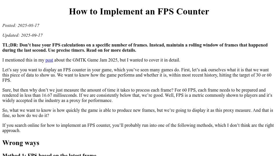 Screenshot of vplesko.com: How to Implement an FPS Counter