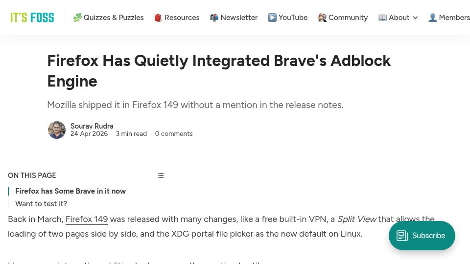 Screenshot of itsfoss.com: Firefox Has Integrated Brave's Adblock Engine