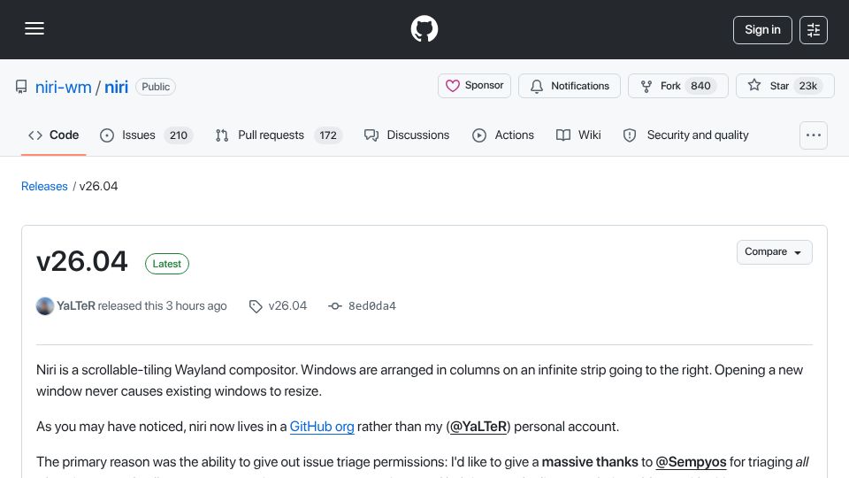 Screenshot of github.com: Niri 26.04: Scrollable-tiling Wayland compositor