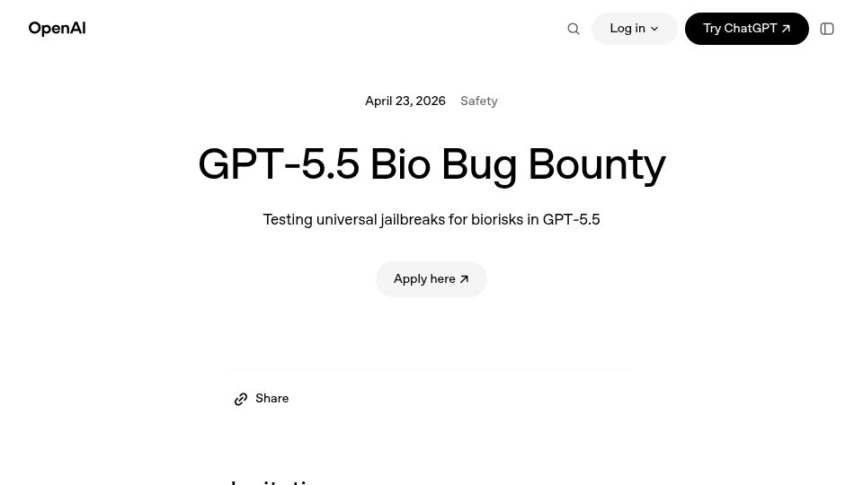 Screenshot of openai.com: GPT‑5.5 Bio Bug Bounty