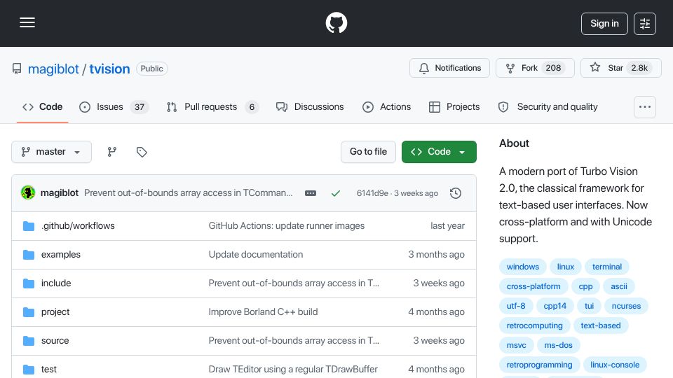 Screenshot of github.com: Turbo Vision 2.0 – a modern port