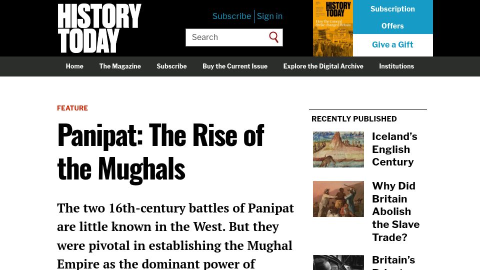 Screenshot of historytoday.com: Panipat: The rise of the Mughals