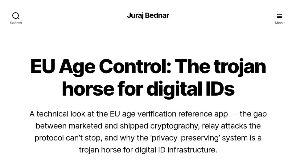 Screenshot of juraj.bednar.io: EU Age Control: The trojan horse for digital IDs