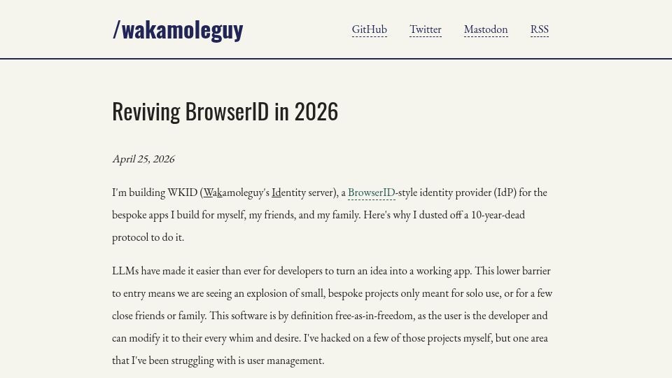 Screenshot of wakamoleguy.com: Reviving BrowserID in 2026