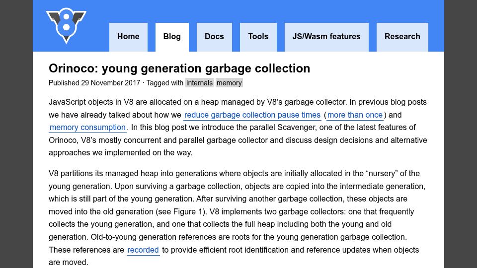 Screenshot of v8.dev: Orinoco: Young Generation Garbage Collection