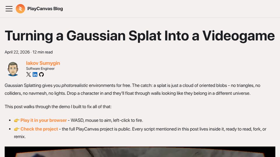 Screenshot of blog.playcanvas.com: Show HN: Turning a Gaussian Splat into a videogame