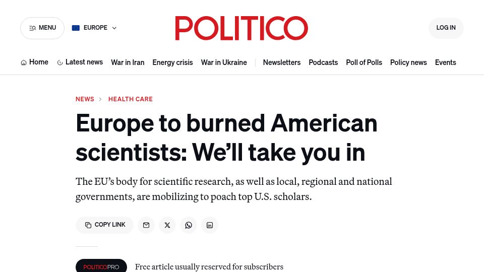 Screenshot of politico.eu: Europe to burned American scientists: We'll take you in