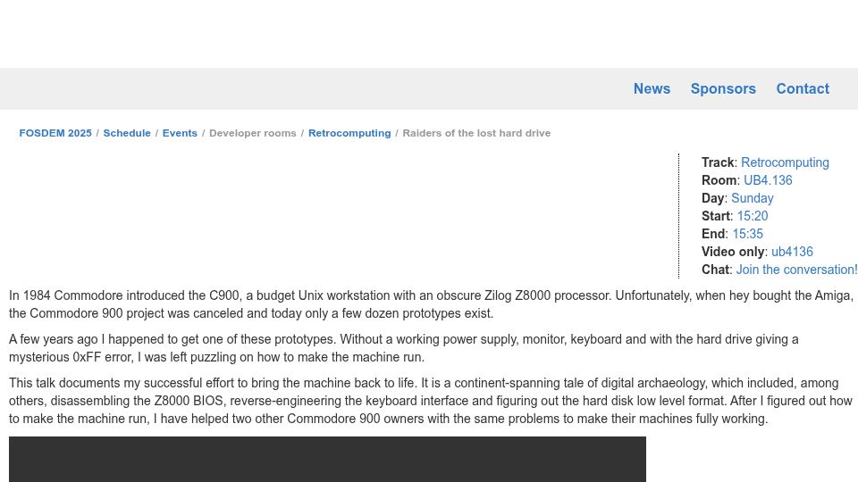 Screenshot of archive.fosdem.org: QNX on the Commodore 900 – Raiders of the lost hard drive [video] (2025)