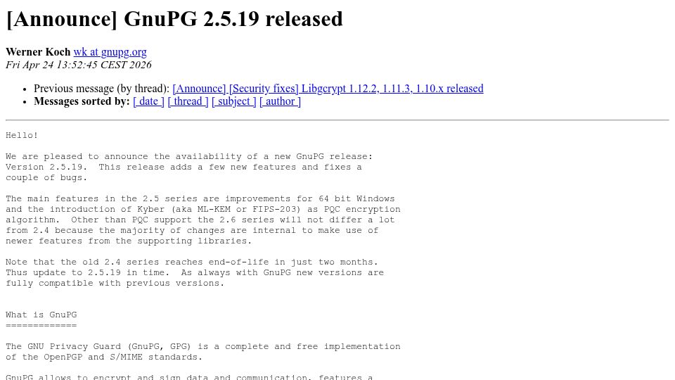 Screenshot of lists.gnupg.org: GnuPG – post-quantum crypto landing in mainline