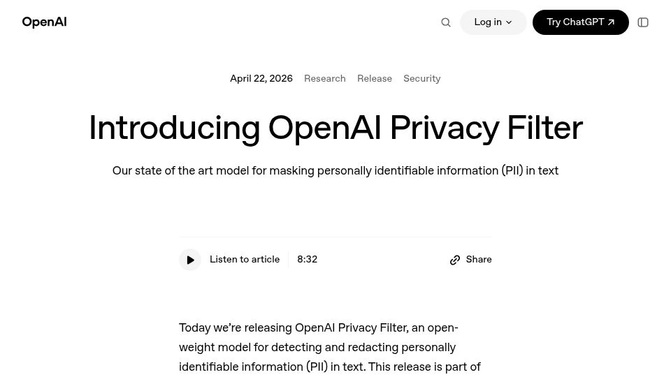 Screenshot of openai.com: OpenAI Privacy Filter