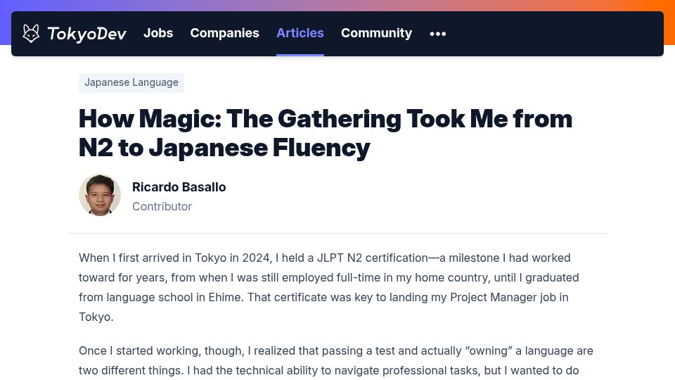 Screenshot of tokyodev.com: Magic: The Gathering took me from N2 to Japanese fluency