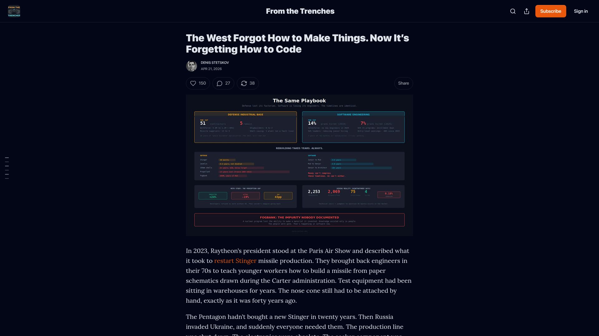Screenshot of techtrenches.dev: The West forgot how to make things, now it’s forgetting how to code