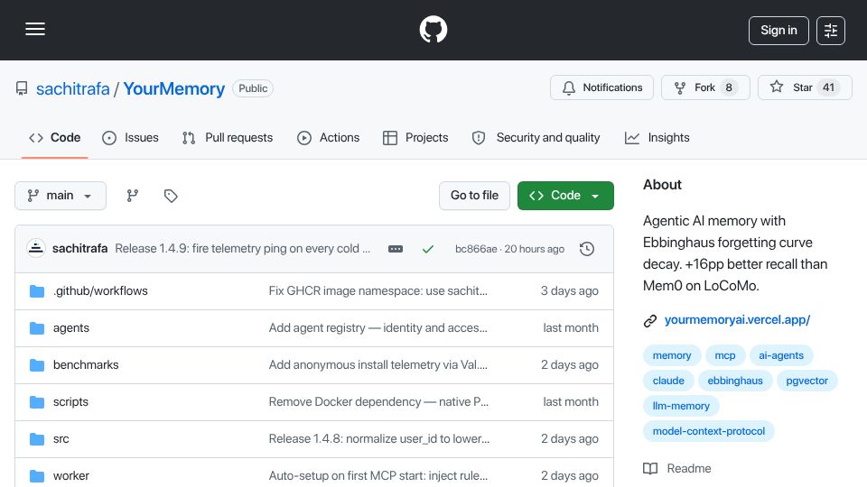 Screenshot of github.com: Show HN: AI memory with biological decay (52% recall)