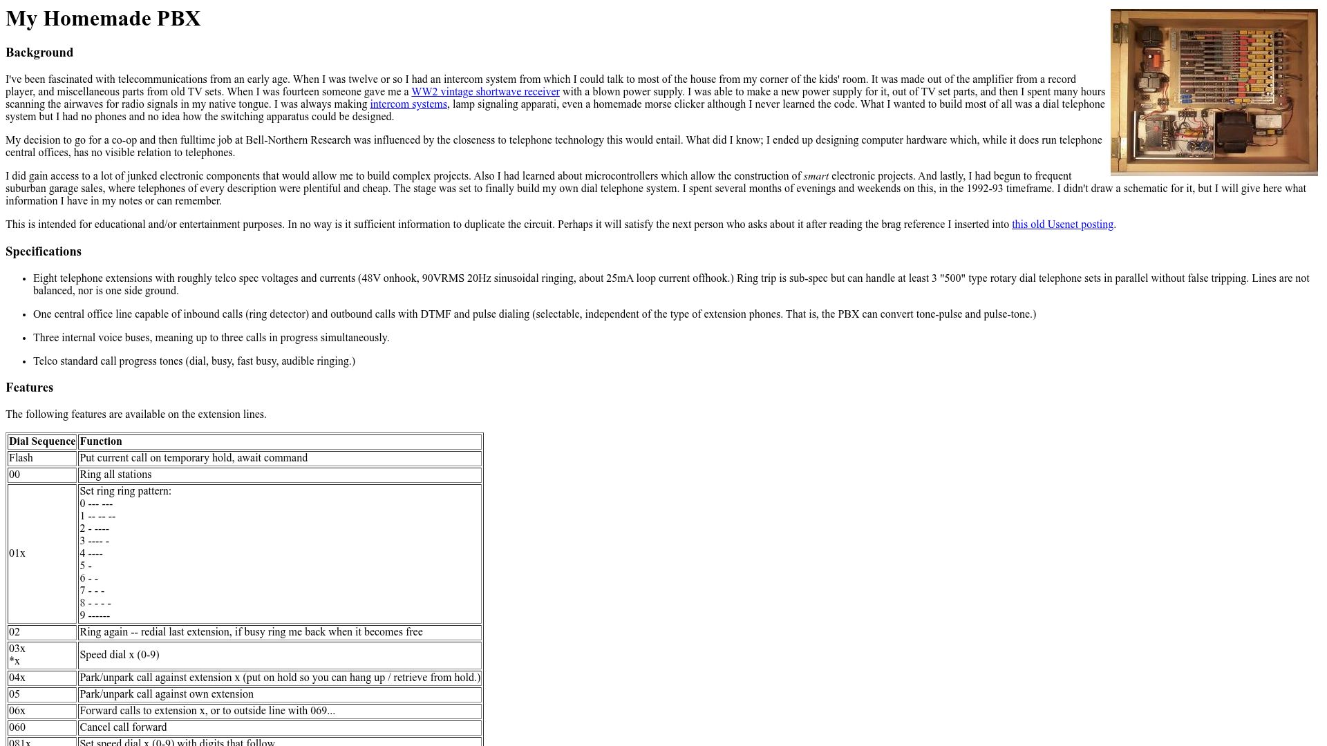Screenshot of wandel.ca: My Homemade PBX (2002)