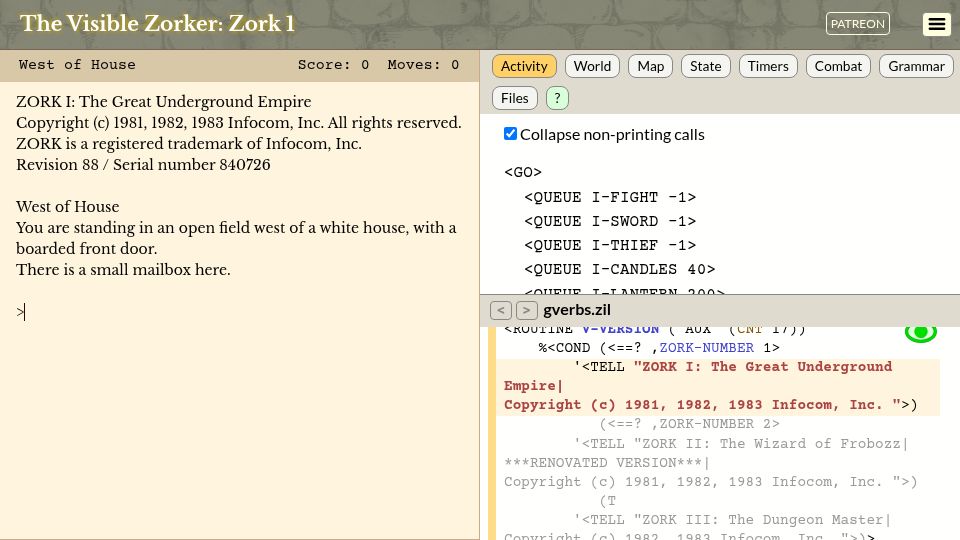Screenshot of eblong.com: The Visible Zorker: Zork 1
