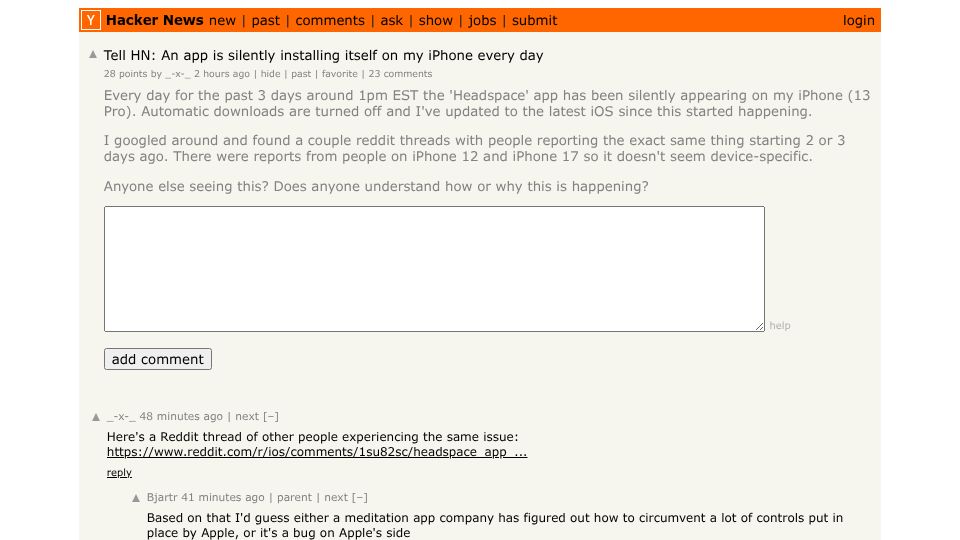 Screenshot of Hacker News post: Tell HN: An app is silently installing itself on my iPhone every day