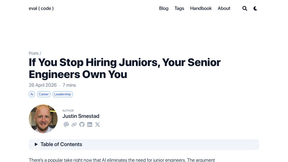 Screenshot of evalcode.com: If you stop hiring juniors, your senior engineers own you