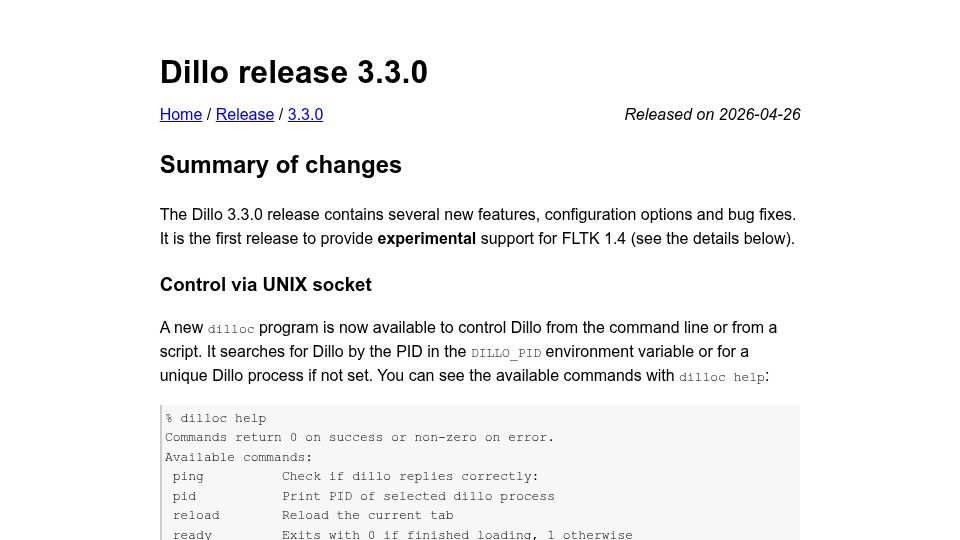 Screenshot of dillo-browser.org: Dillo Browser Release 3.3.0