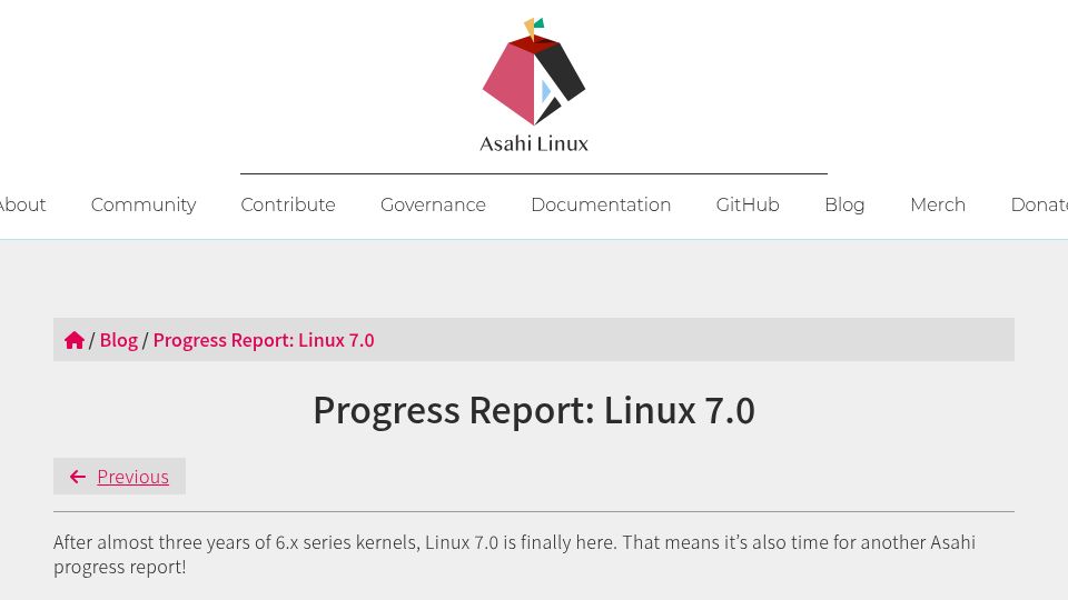 Screenshot of asahilinux.org: Asahi Linux Progress Linux 7.0