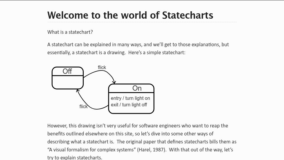 Screenshot of statecharts.dev: Statecharts: hierarchical state machines
