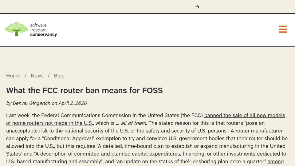Screenshot of sfconservancy.org: What the FCC router ban means for FOSS
