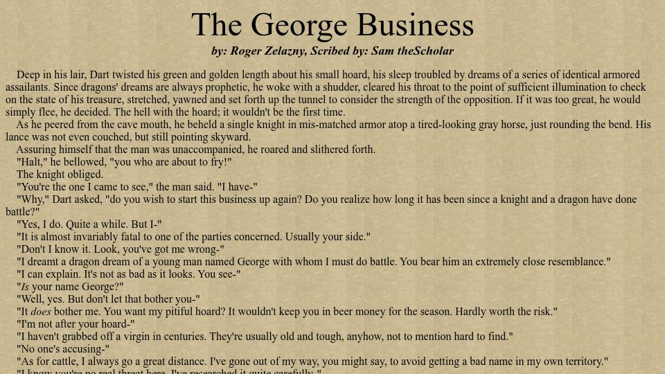Screenshot of eternal-flame.org: The George Business, by Roger Zelazny (1980)