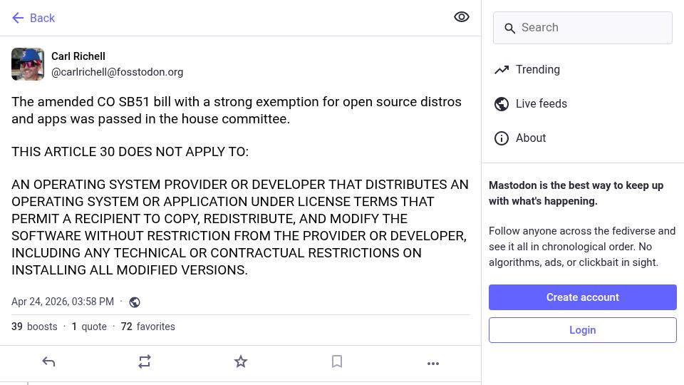 Screenshot of fosstodon.org: Colorado Adds Open-Source Exemption to Age-Verification Bill