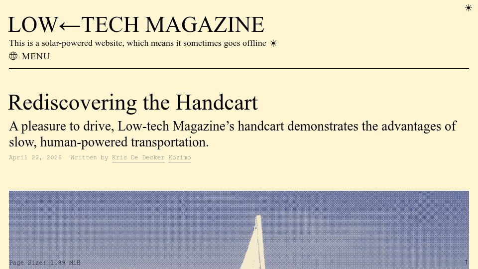 Screenshot of solar.lowtechmagazine.com: Rediscovering the Handcart