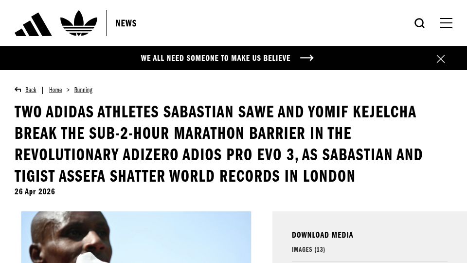 Screenshot of news.adidas.com: Two Athletes Break Sub-2-HR Marathon in Adizero Adios Pro Evo 3