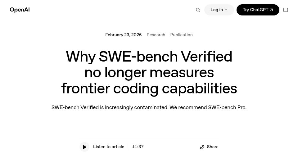 Screenshot of openai.com: SWE-bench Verified no longer measures frontier coding capabilities