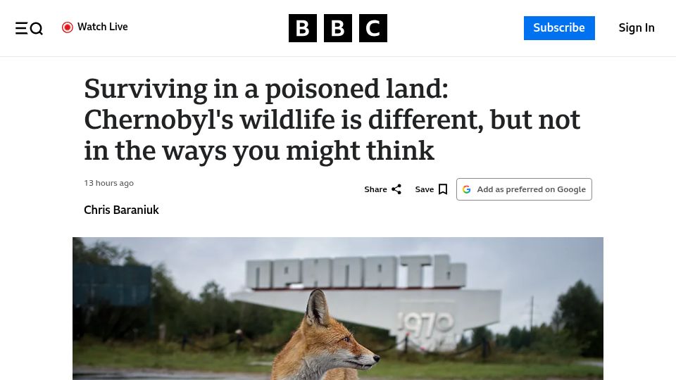 Screenshot of bbc.com: Chernobyl wildlife forty years on