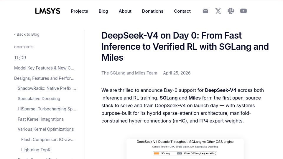 Screenshot of lmsys.org: DeepSeek-V4 on Day 0: From Fast Inference to Verified RL with SGLang and Miles