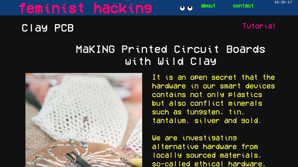 Screenshot of feministhackerspaces.cargo.site: Clay PCB Tutorial