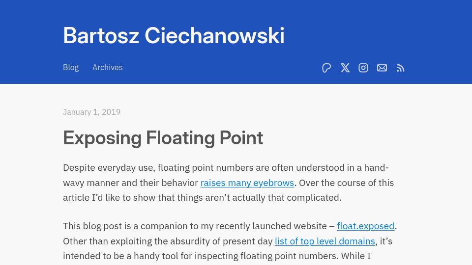 Screenshot of ciechanow.ski: Exposing Floating Point – Bartosz Ciechanowski (2019)