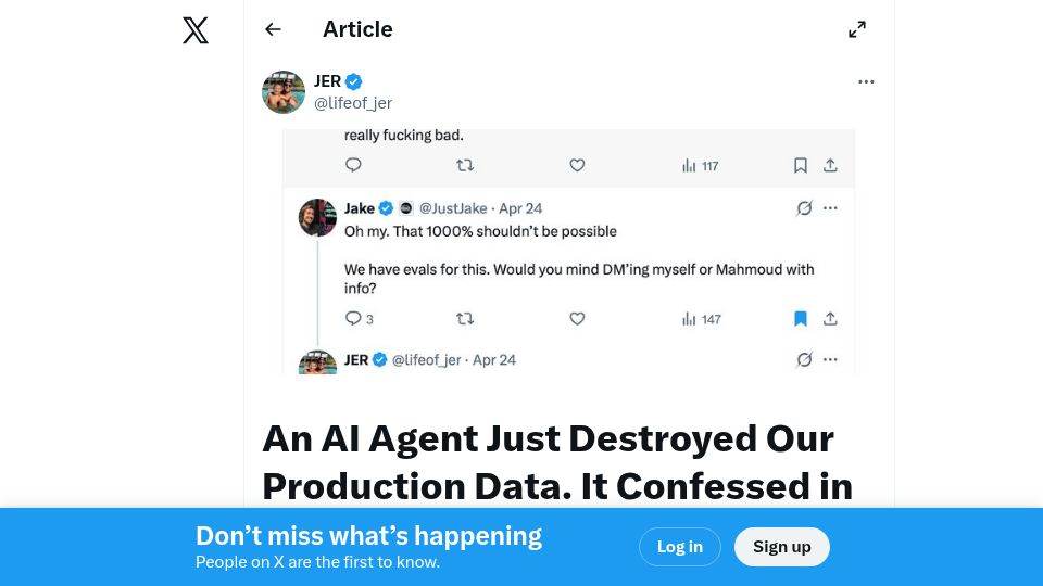 Screenshot of twitter.com: An AI agent deleted our production database. The agent's confession is below