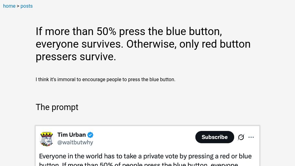 Screenshot of shankwiler.com: If more than 50% press blue, everyone survives. Red pressers always survive