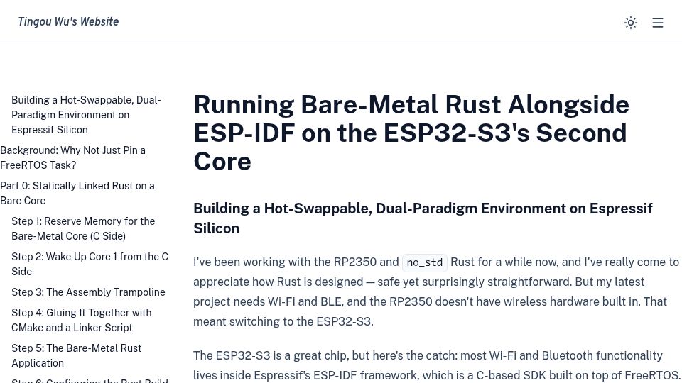 Screenshot of tingouw.com: Running Bare-Metal Rust Alongside ESP-IDF on the ESP32-S3's Second Core