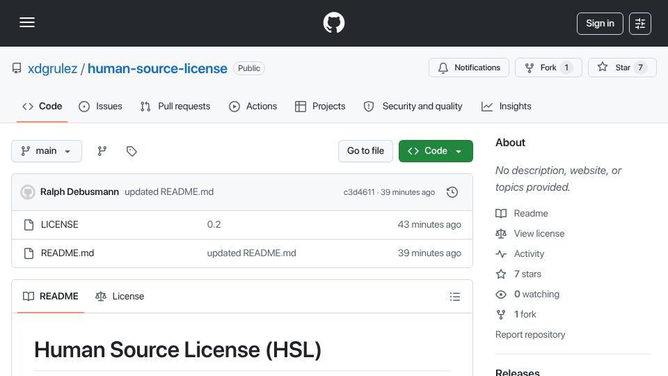 Screenshot of github.com: Human Source License (HSL)
