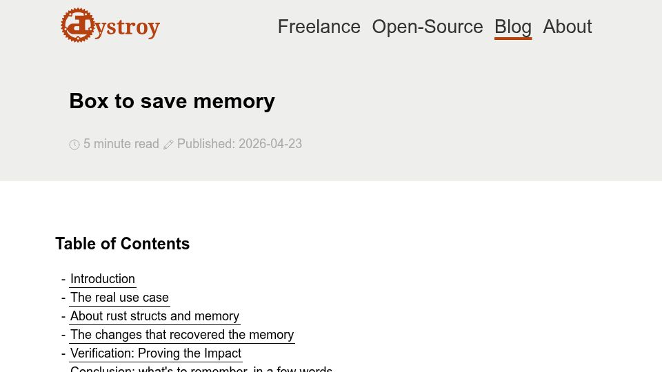 Screenshot of dystroy.org: Box to save memory in Rust