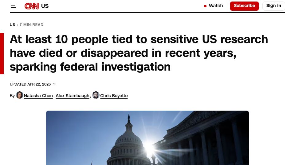 Screenshot of cnn.com: At least 10 people tied to sensitive US research have died or disappeared