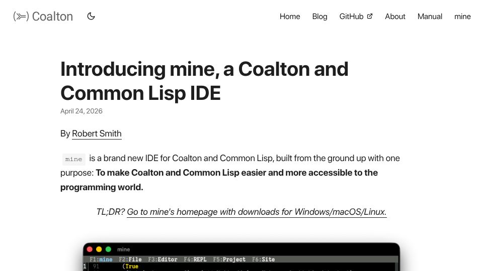 Screenshot of coalton-lang.github.io: Mine, a Coalton and Common Lisp IDE